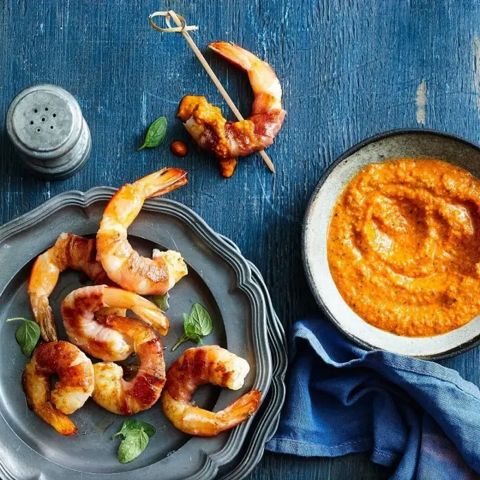 Prawns with Romesco sauce (Spanish Seafood)