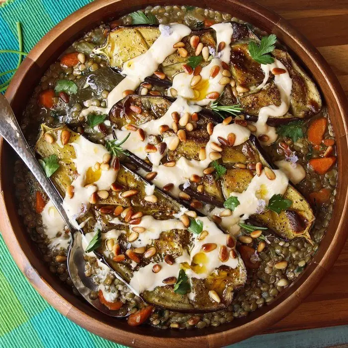 Roasted Eggplant With Tahini, Pine Nuts, and Lentils (American Vegetarian)